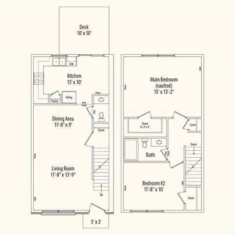 Floor plan for 2 beds, 1.5 baths, 1345 sqft